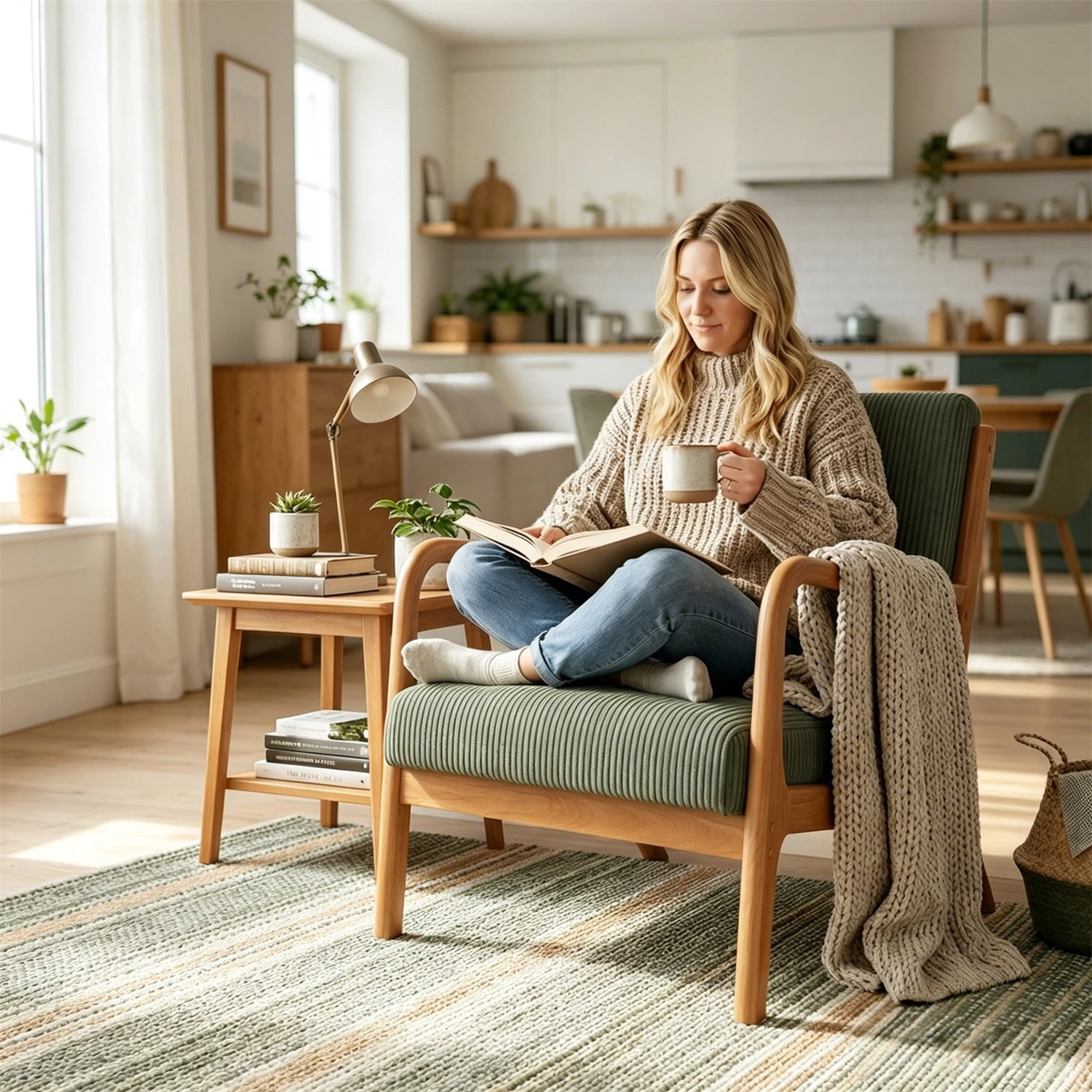 Hommoo Modern Accent Chair, Striped Corduroy Fabric Arm Chair with Solid Wood Frame, Upholstered Comfy Reading Chair for Home, Green
