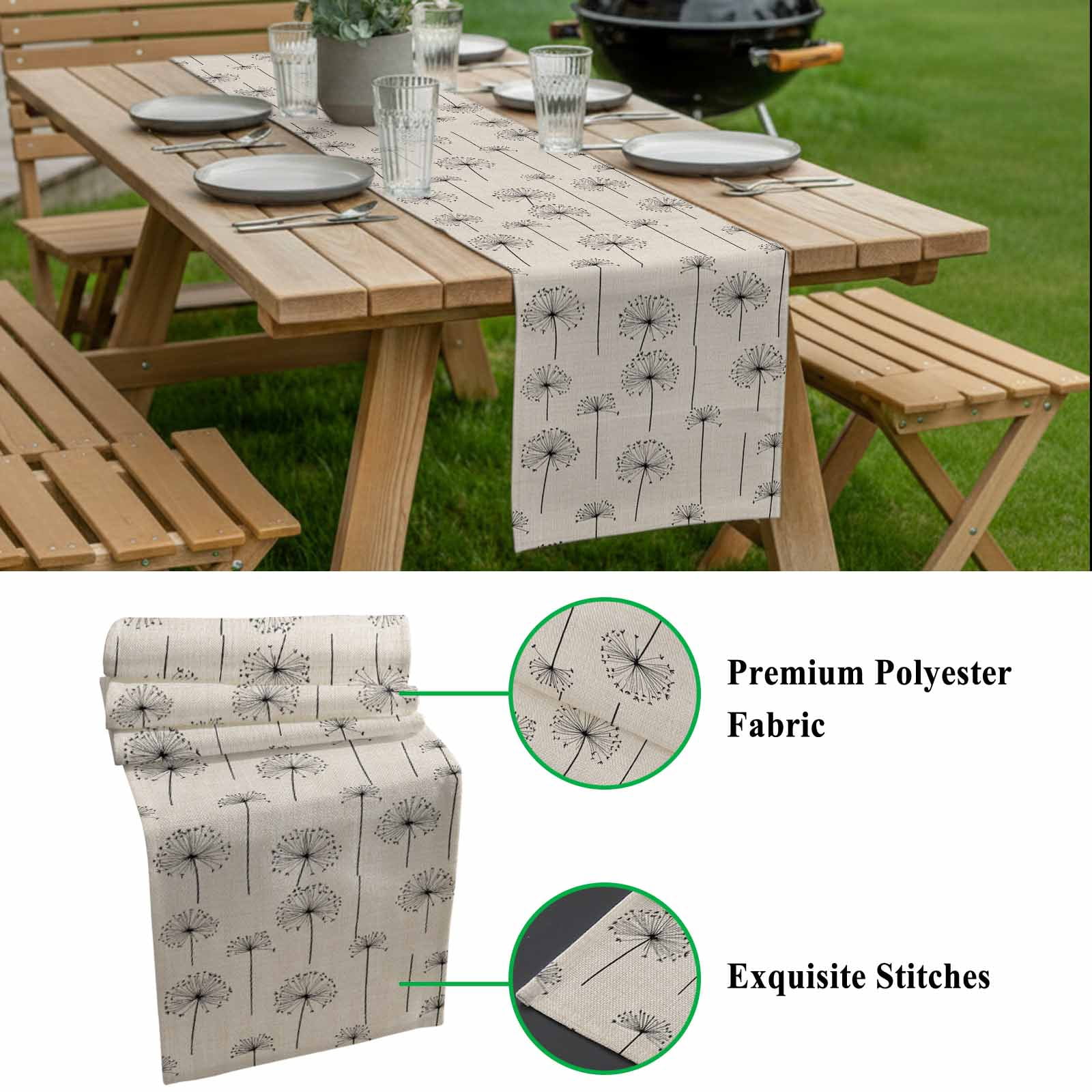 Spring Dandelion Cotton Linen Table Runner Vintage Abstract Black Dandelion Wildflower Linen Dining Table Runners for Home Decor Party Dining Room Restaurant Kitchen 13" x 120"