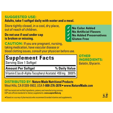 Nature Made Vitamin E 450 mg (1000 IU) dl-Alpha Softgels, Dietary Supplement, 60 Count
