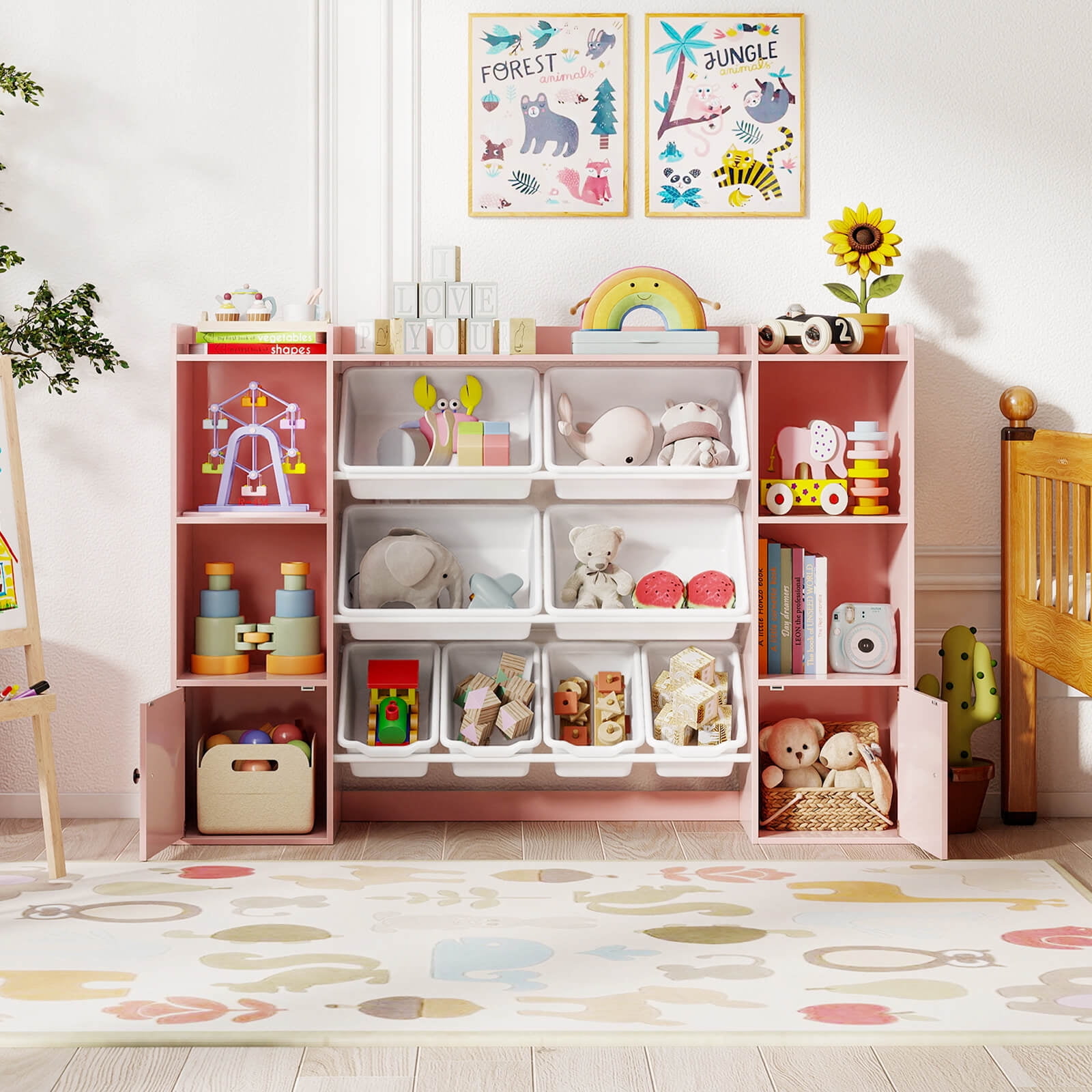 Costway Kids Toy Storage and Bookshelf with 8 Boxes Open Shelves & 2 Single-door Cabinets Pink