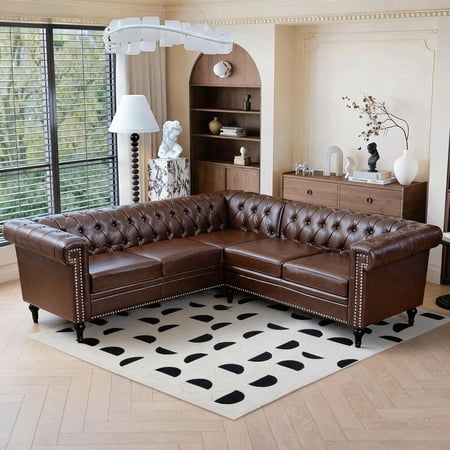 Chalantevo 85" Chesterfield L-Shaped Sectional Sofa, Tufted Faux Leather with Nailhead Trim & Rolled Arms, for Living Room, Apartment, Office, Brown