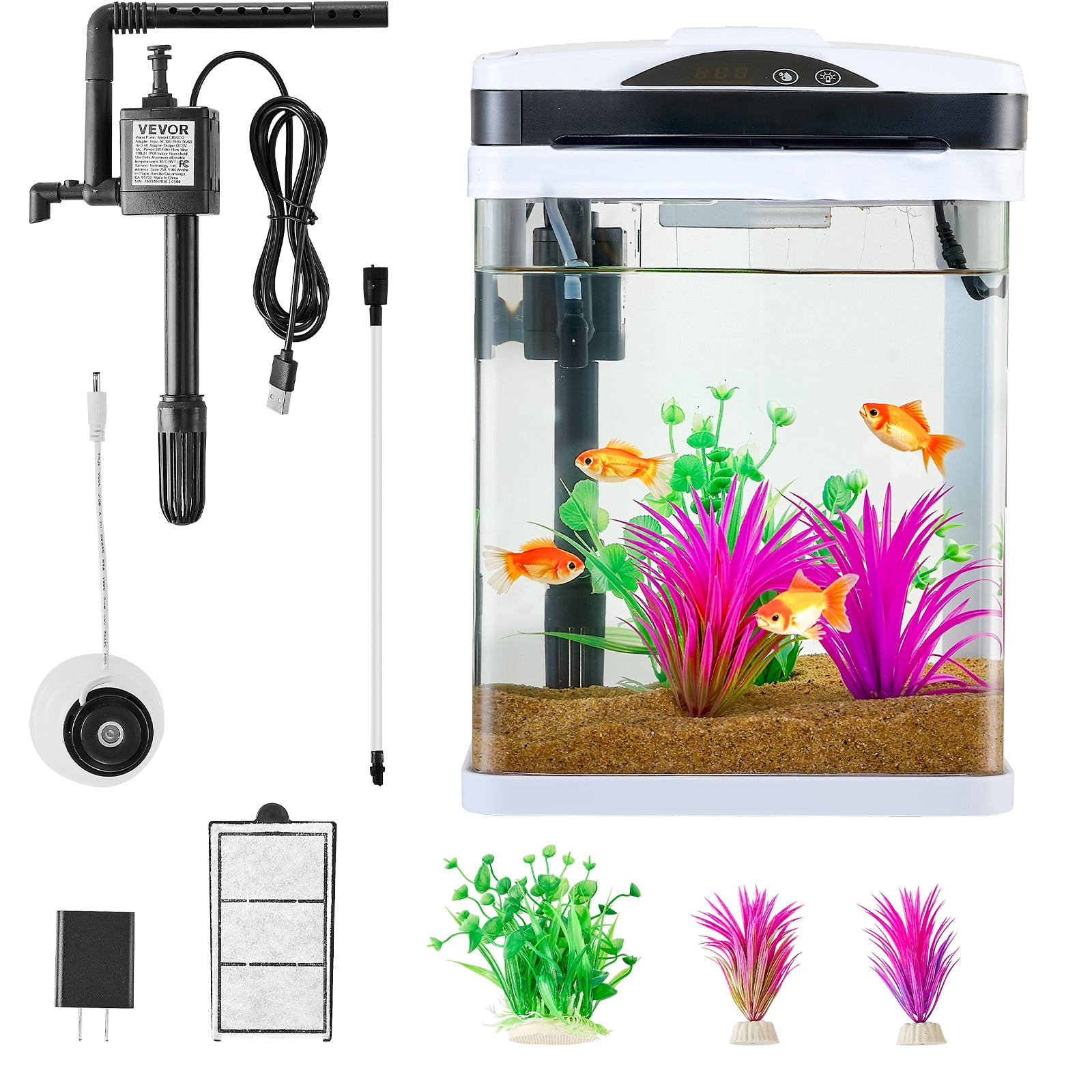 VEVOR Fish Tank Aquarium, 2 Gallon LED Square Ultra-Clear Glass Tank Temperature Monitoring Adjustable 7 Color Lighting, Self Cleaning System Fishbowl for Freshwater & Saltwater Fish Home,Office,Pet