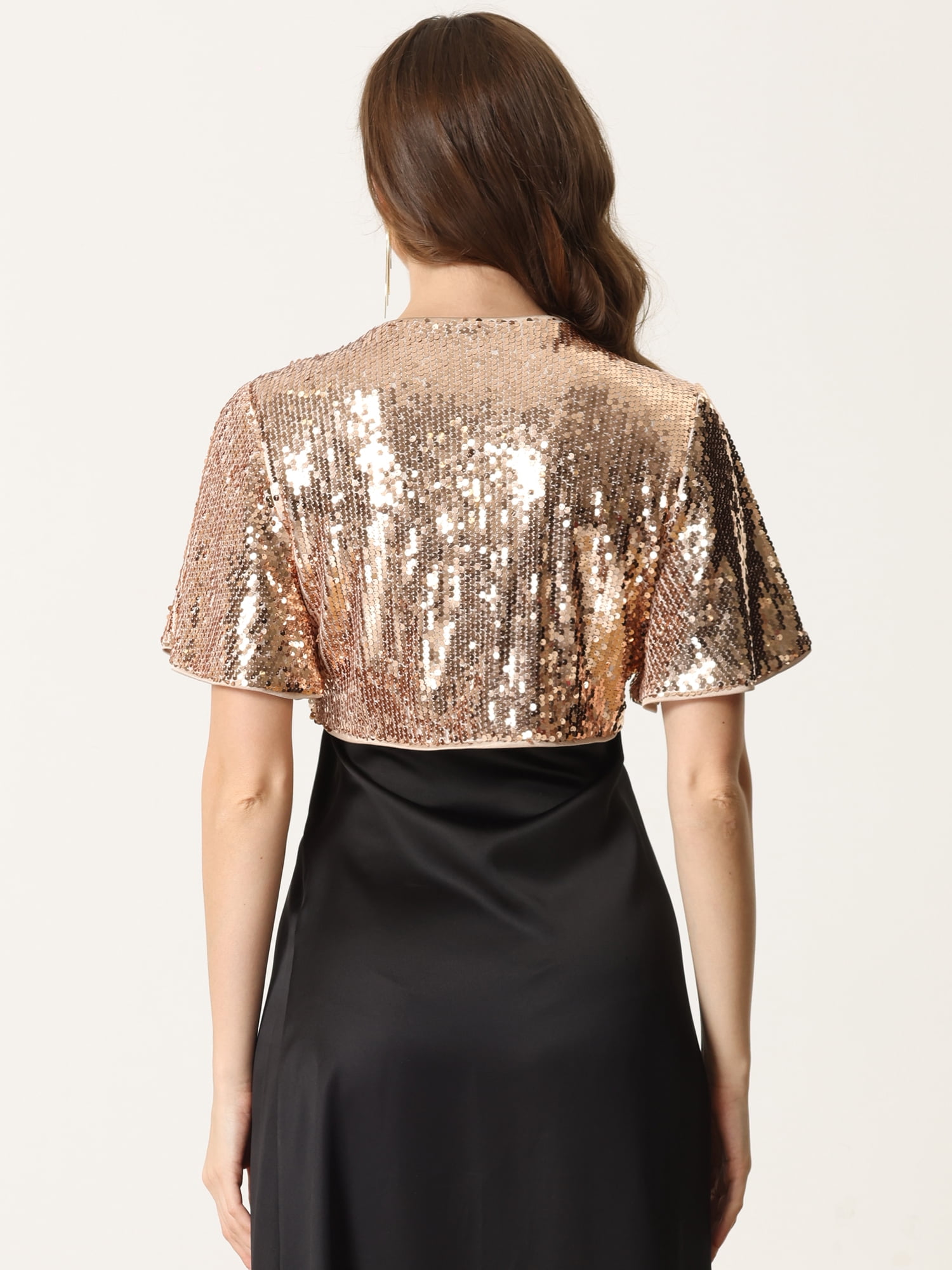 DARING DIVA Flared Sleeve Crop Shrug Bolero Glitter Jackets XL Rose Gold