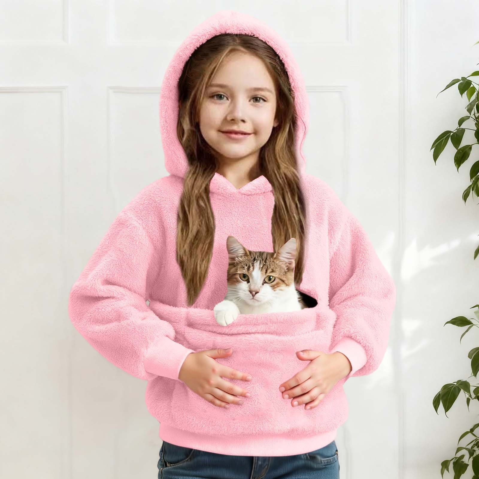 Girls Boys Hoodie with Dog Pouch Fuzzy Pet Hoodie Carrier Long Sleeve Top with Pocket Fall Winter Clothes 9-10 Years
