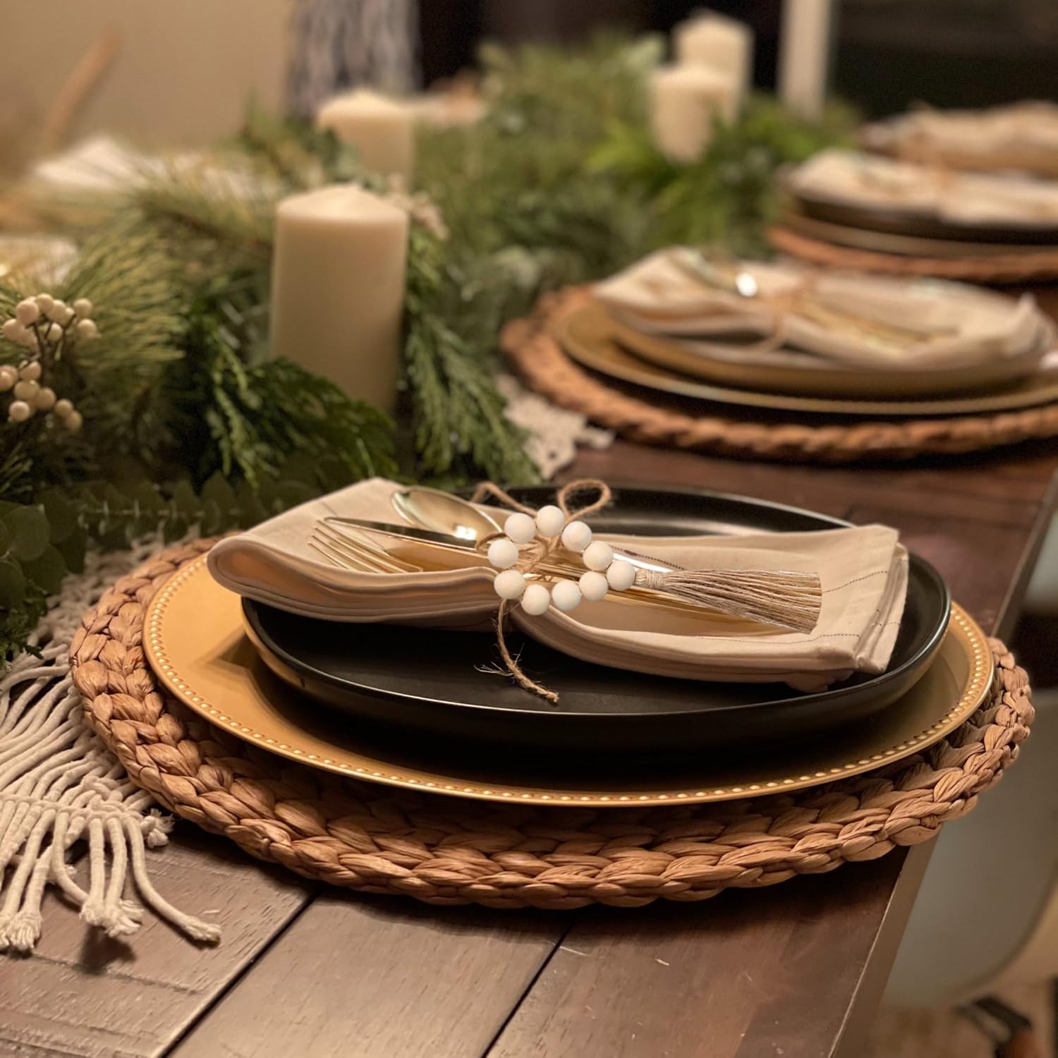 Woven Seagrass Placemats Set of 6, 12" Boho Round Woven Natural Placemats, Wicker & Rattan, Braided Plate Chargers, with Wooden Brush & 6 Napkin Rings (Natural Water Hyacinth)