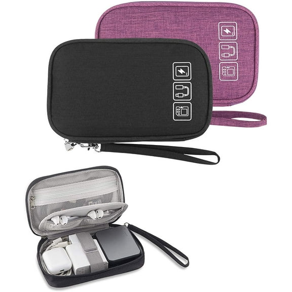2PCS Electronic Organizer, Small Travel Cable Organizer Bag Pouch Portable Electronic Accessories Storage Case for Cable, Cord, Charger, Hard Drive, Earphone, USB,SD Card (Black Violet)