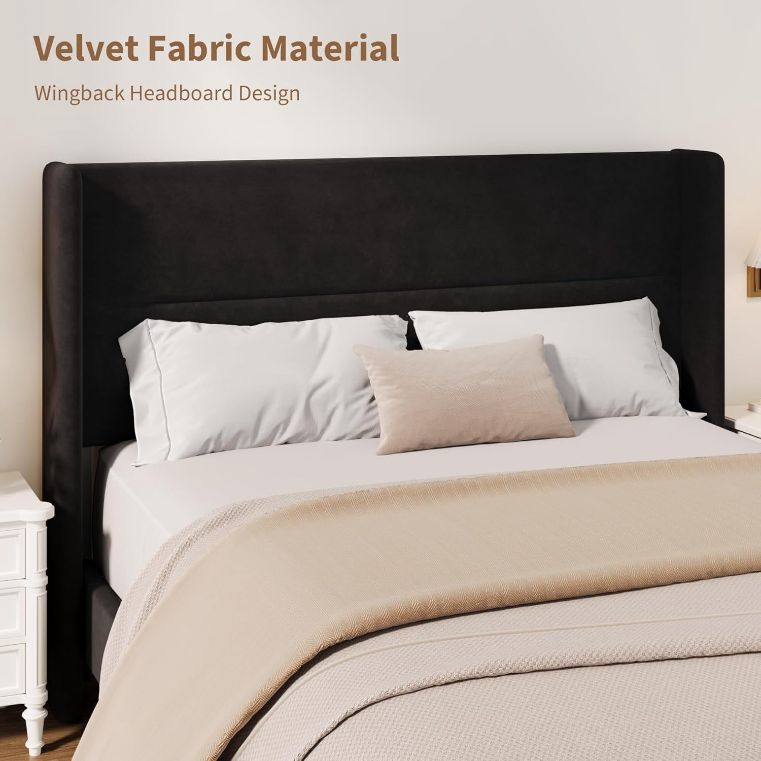 IDEALHOUSE Full Size Bed Frame with Wingback Headboard, Velvet Upholstered Platform Bedframe with Wood Slats, No Box Spring Needed, Easy Assembly, Black