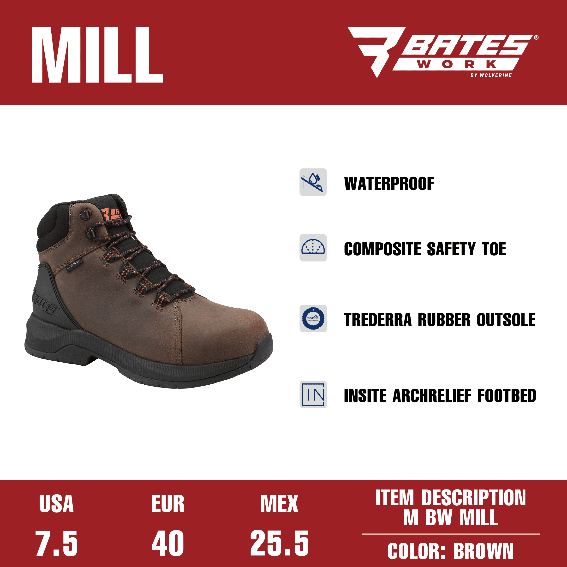 Bates Work by Wolverine Men's Mill Waterproof Comp Toe Work Boot