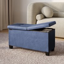 Hearth & Harbor Ottoman Storage Bench, Faux Leather 30" Foot Stool Ottoman With Storage, Blue