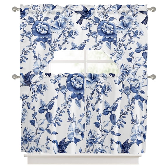 Curtains Swag and Tiers Curtains Set, White Blue Spring Floral Valances with Kitchen Tier Curtain 36 Inches Long, Summer Botanical Hummingbird Swag Light Filtering Curtains for Sink/Laundry Room