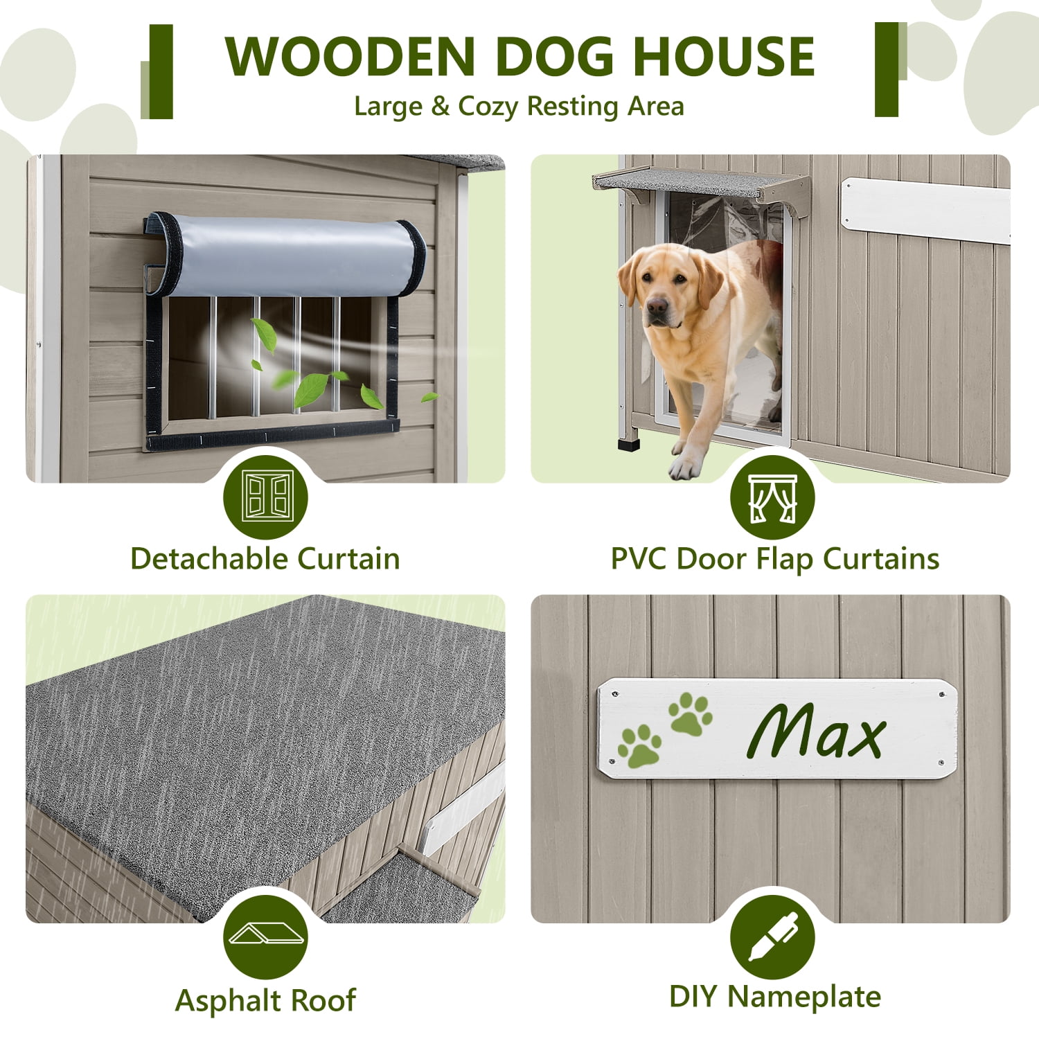 PETSCOSSET Outdoor Dog House Wooden Pet House - Openable Roof, Removable Floor - Gray