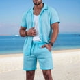 thumbnail image 5 of Men Mesh 2 Piece Outfits See Through Casual Shirts and Shorts Hollow Out Mid Shorts Set Lake Blue XXXL, 5 of 8