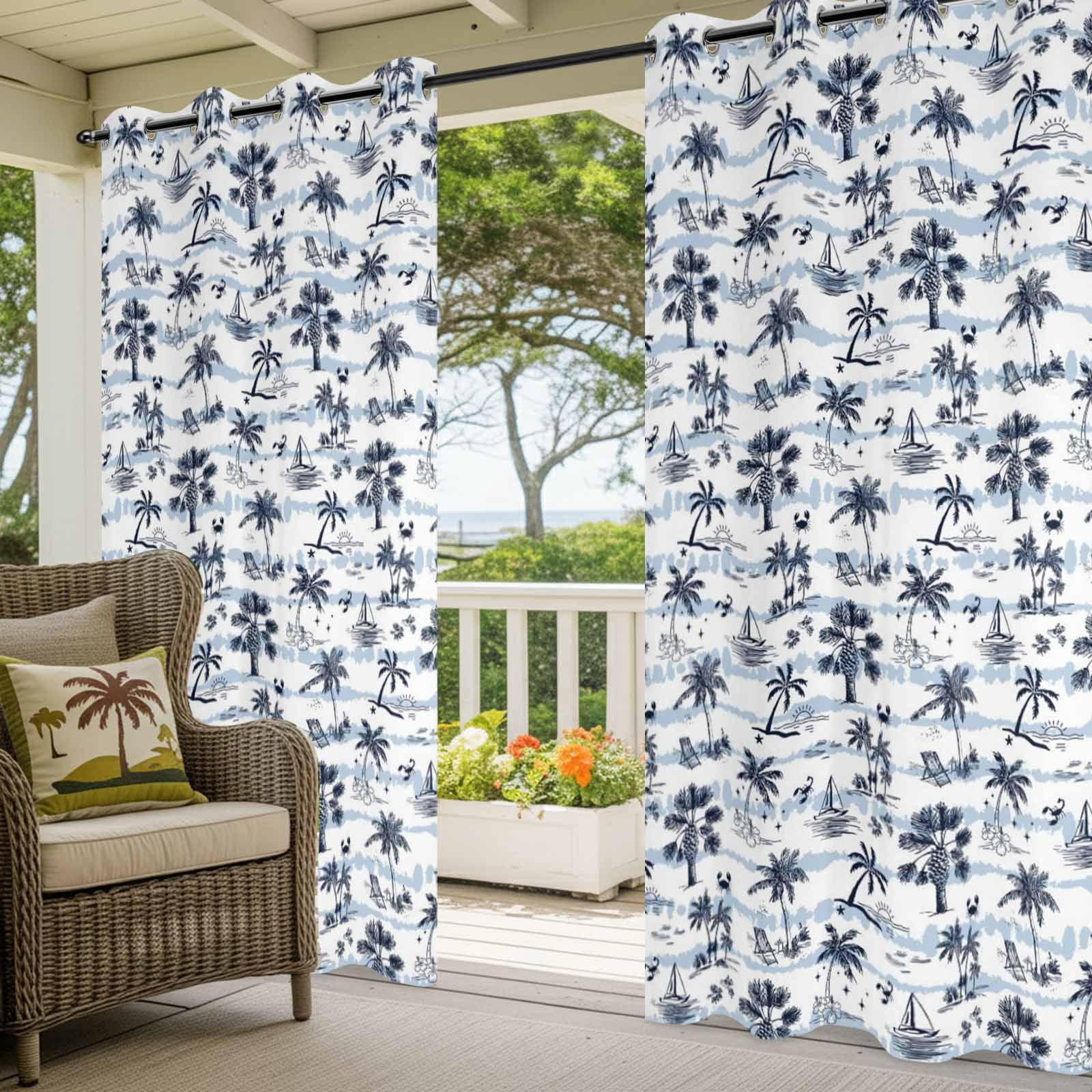 Tropical Plant Outdoor Curtains for Patio, Summer Coconut Tree Sailboat Sunset Blue Stripes Sunshade Privacy Drapes Grommet Waterproof Outside Curtains for Porch/Cabana/Balcony 54"x 108", 1 Panel
