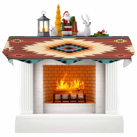 Boho Fireplace Mantel Scarf Table Runner, Brown Turquoise Abstract Tribal Ethnic Geometric Winter Garland Mantel Top Tablerunners Dresser Scarves Cover Decorations for Party Living Room 90"x17"