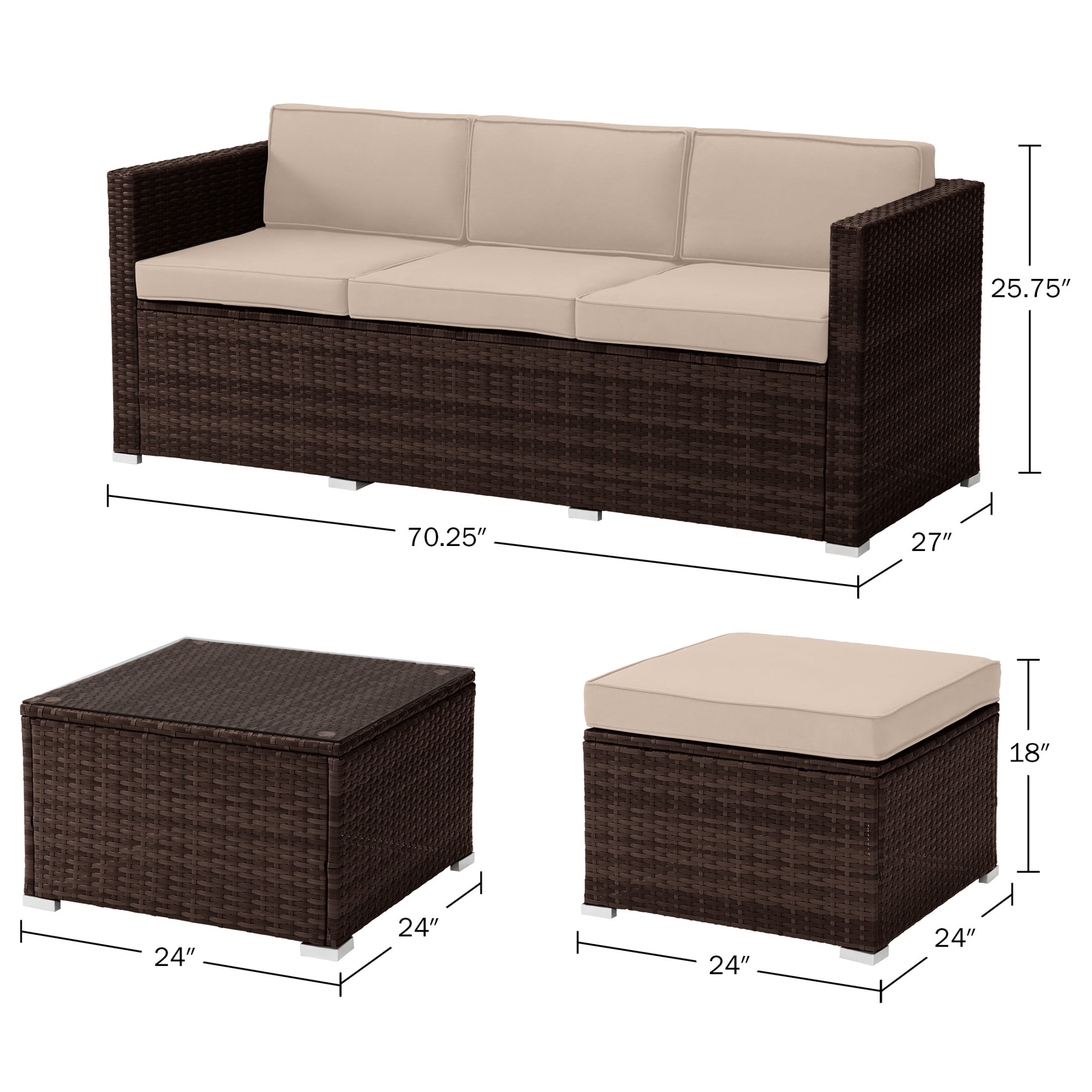 Lavish Home 3PC Synthetic Rattan  Rattan Patio Furniture Set with Sectional and Table for 3 Adults (Brown)