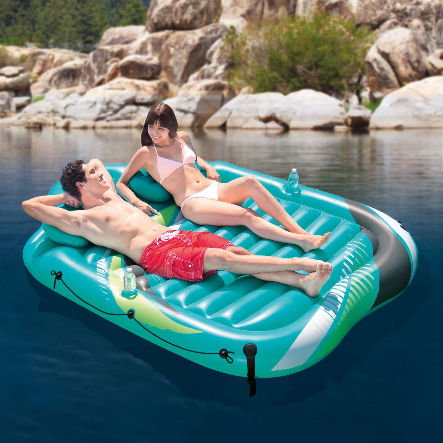 2 Pack Intex Inflatable Double Pool Lounge Mat with Pillows and Cup Holders 