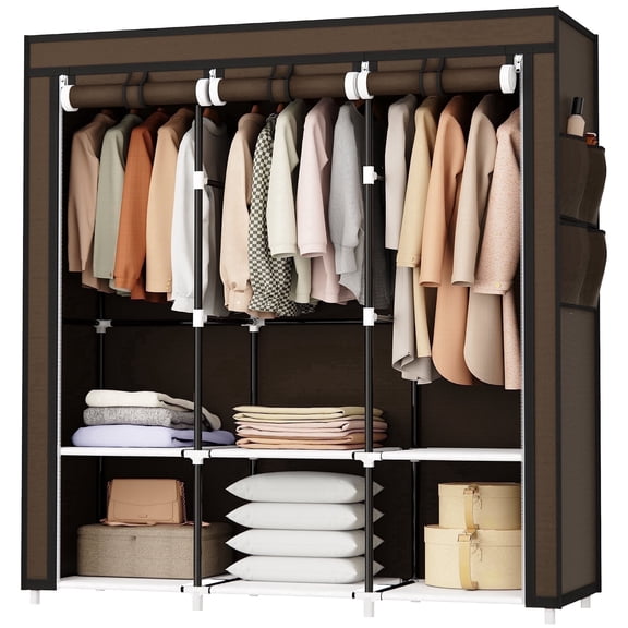 Riousery 51 Inch Portable Wardrobe Closet, 6 Storage Spaces with 3 Hanging Rods, Steel Frame Fabric Organizer, Easy Assembly and Dust Resistant Design, Brown
