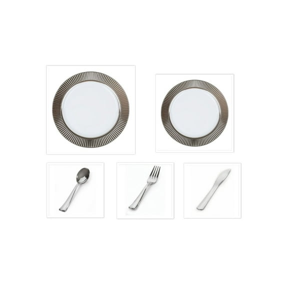 Celebrations Silver Border 10 1/4" Dinner Plates 7 1/2" Salad Plates Cutlery *Party of 60*