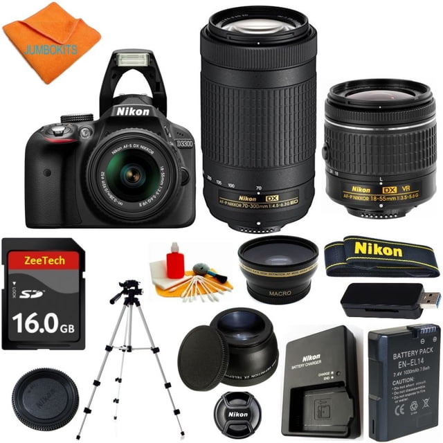 Cámara Réflex Digital NIKON D3300 DX + 18-55MM AF-P VR + 70-300MM AF-P + Tarjeta de Memoria 16GB + Gran Angular + Teleobjetivo