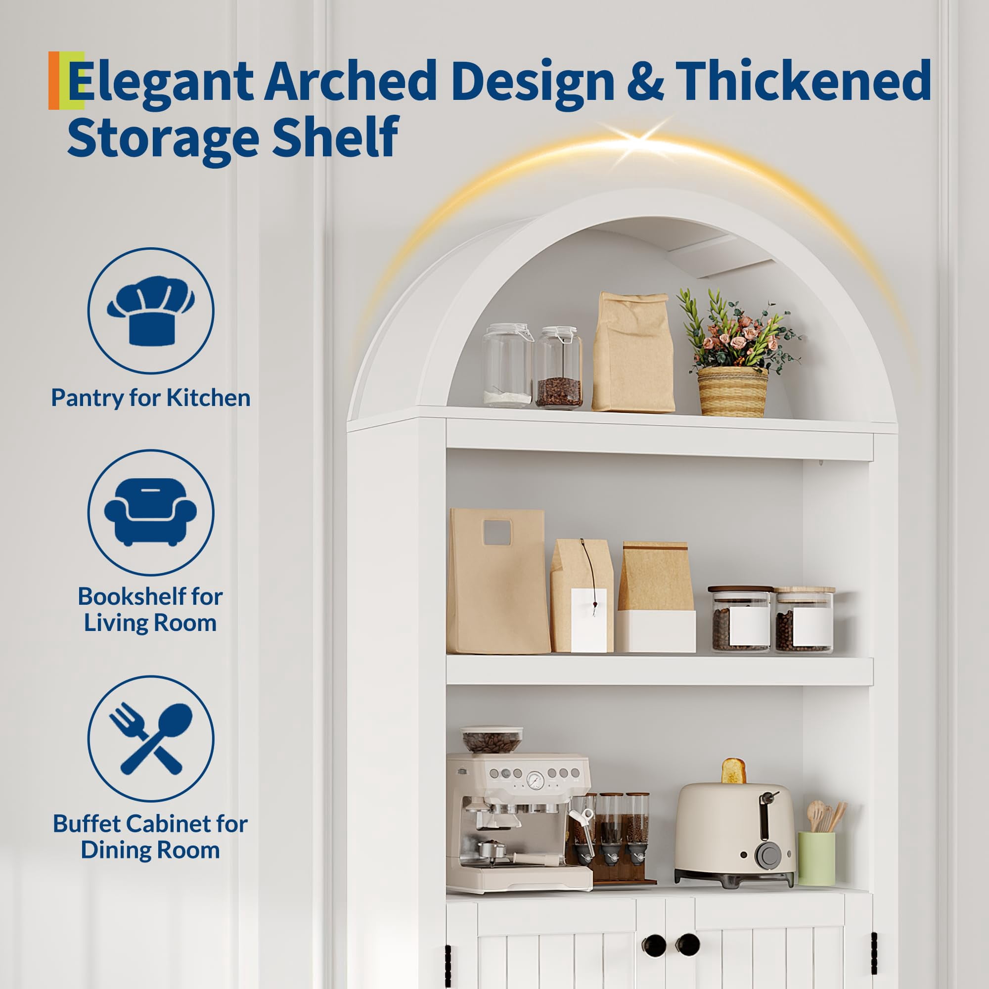 Kojooin 71.6" Tall Arched Storage Cabinet, 5 Tier Wooden Pantry Cabinet with Doors and Adjustable Shelves, Home Office Arch Book Shelf Storage Organizer for Living Room, Bedroom