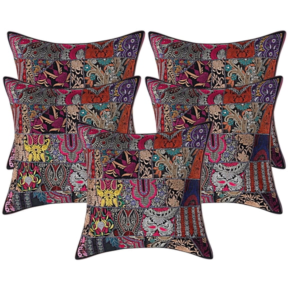 Stylo Culture Ethnic Bohemian Cotton Black Large Throw Pillow Covers 24x24 Patchwork Vintage Thanksgiving Throw Pillow Covers Abstract Floral 60x60 cm Decorative Cushion Covers (Set Of 5)