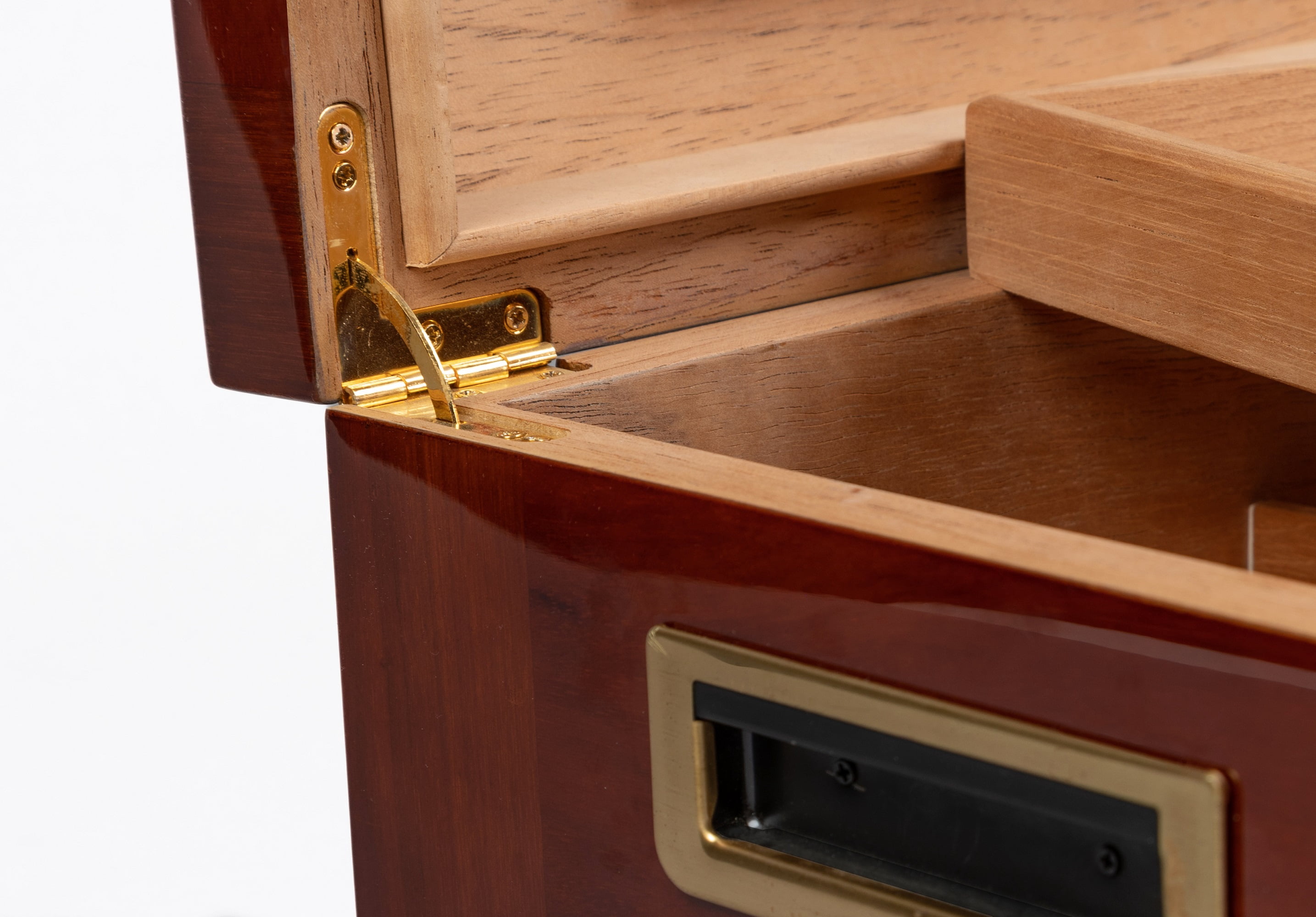 Stetson Dome Shaped Top Cigar Humidor - High Gloss Dark Burl Wood Finish w/Tobacco Leaf Inlay - Capacity: 150