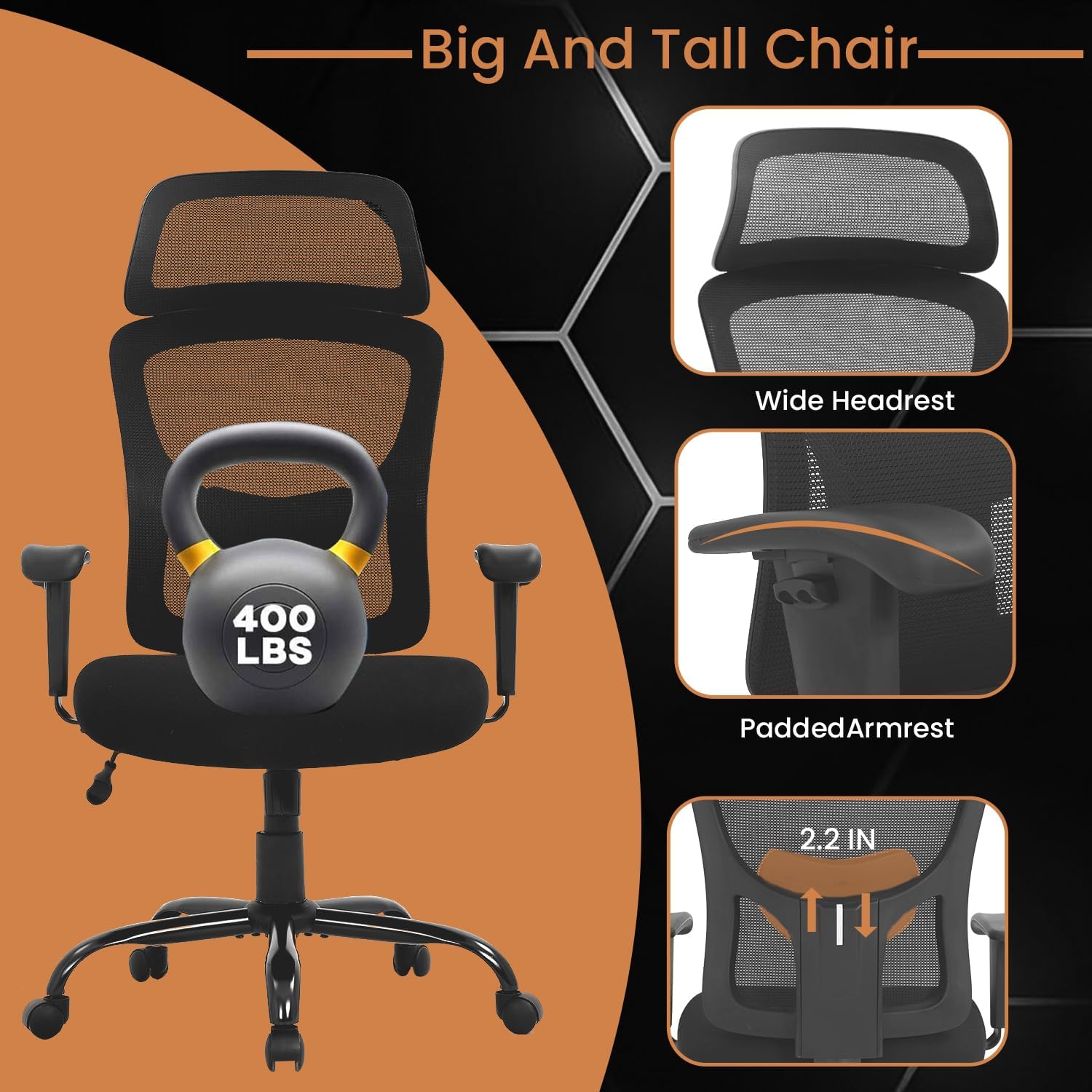PayLessHere Big & Tall Home Office Chair 400lb, Wide Mesh Seat, Adjustable Lumbar Support - Black