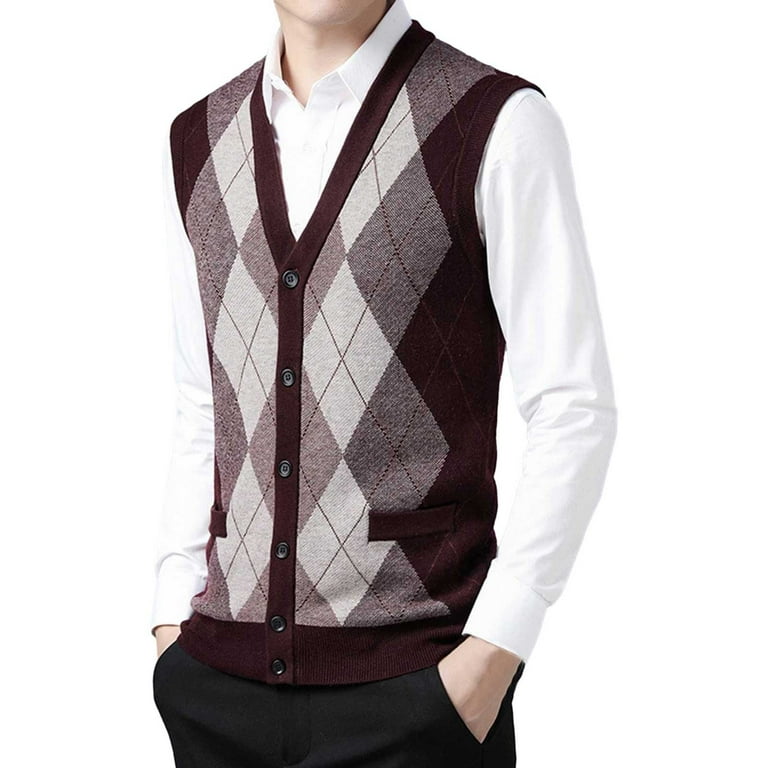 Sweater Vest Men Plaid Button Up Fall Cardigan V Neck Sleeveless Fashion Casual Knit Jumper Tops Loose Sweaters With Pocket At Men’s Clothing