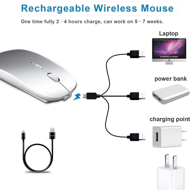 Ratón Bluetooth recargable SUNGI delgado y silencioso Click Portable Wireless Plata