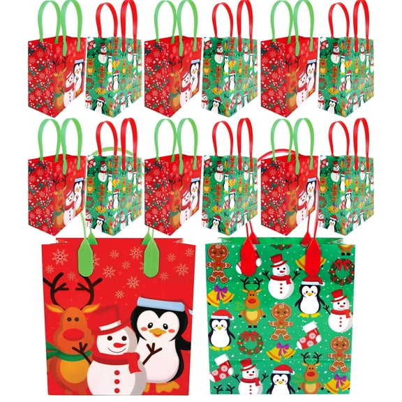Tinymills Christmas Treat Bags with Handles, Reusable Assorted Plastic Gift Bags, 12 Pack