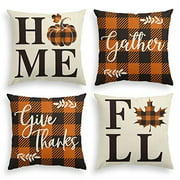 AVOIN colorlife Home Fall Buffalo Check Plaid Pumpkin Maple Leaf Throw Pillow Cover, 18 x 18 Inch Autumn Give Thanks Gather Farmhouse Cushion Case for Sofa Couch Set of 4