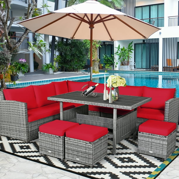 Costway 7 PCS Patio Rotin Ensemble Salle à Manger Canapé Sectionnel Canapé Pouf Jardin Rouge