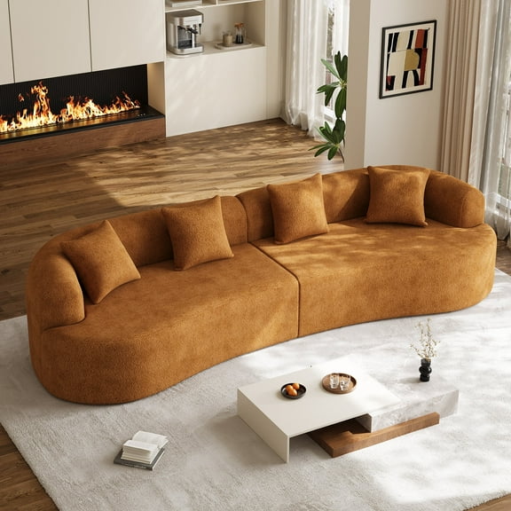 Wiilayok 131" Chenille Curved Shaped Sectional Sofa,Modern 4 Seater Cloud Combination Sofa Couch with Extra Deep Seat and Pillows for Living Room,Orange
