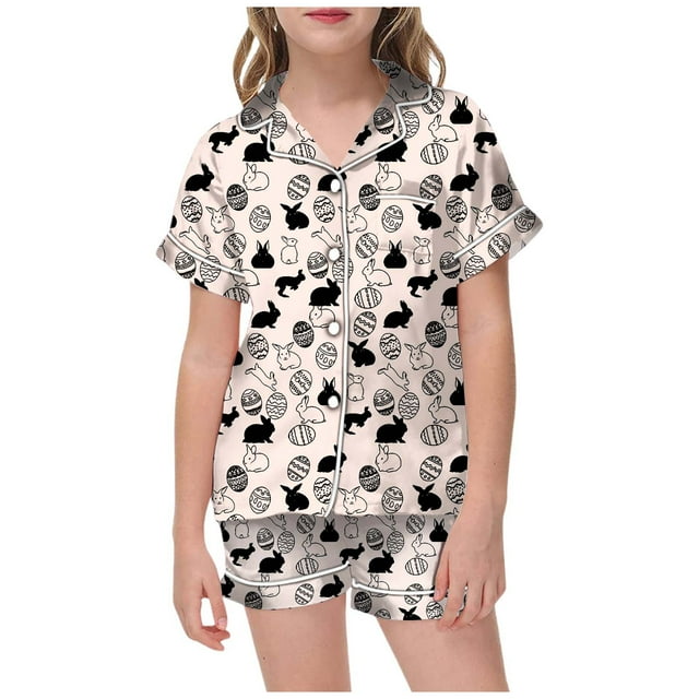 MIASHUI Ensemble de Pyjama de Pâques 2 Pcs Garçon Fille Haut à Manches Courtes et Pantalon, Kaki, 2-3 Ans