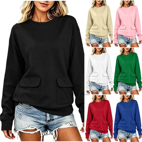 Women's Sweatshirt Crewneck Long Sleeve Oversized Solid Color Pullover Tops with Pockets Green L