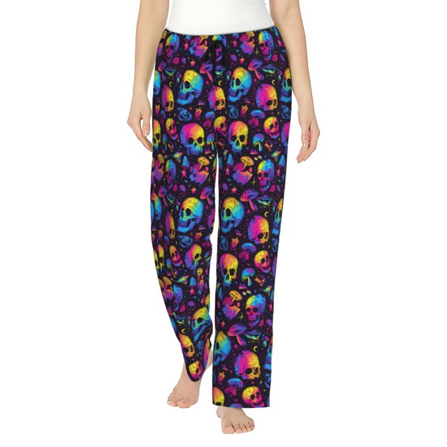Balery mushroom rainbow color Skull Pantalones de pijama para mujer, pijamas ultraligeros, pantalones de estar por casa-Small