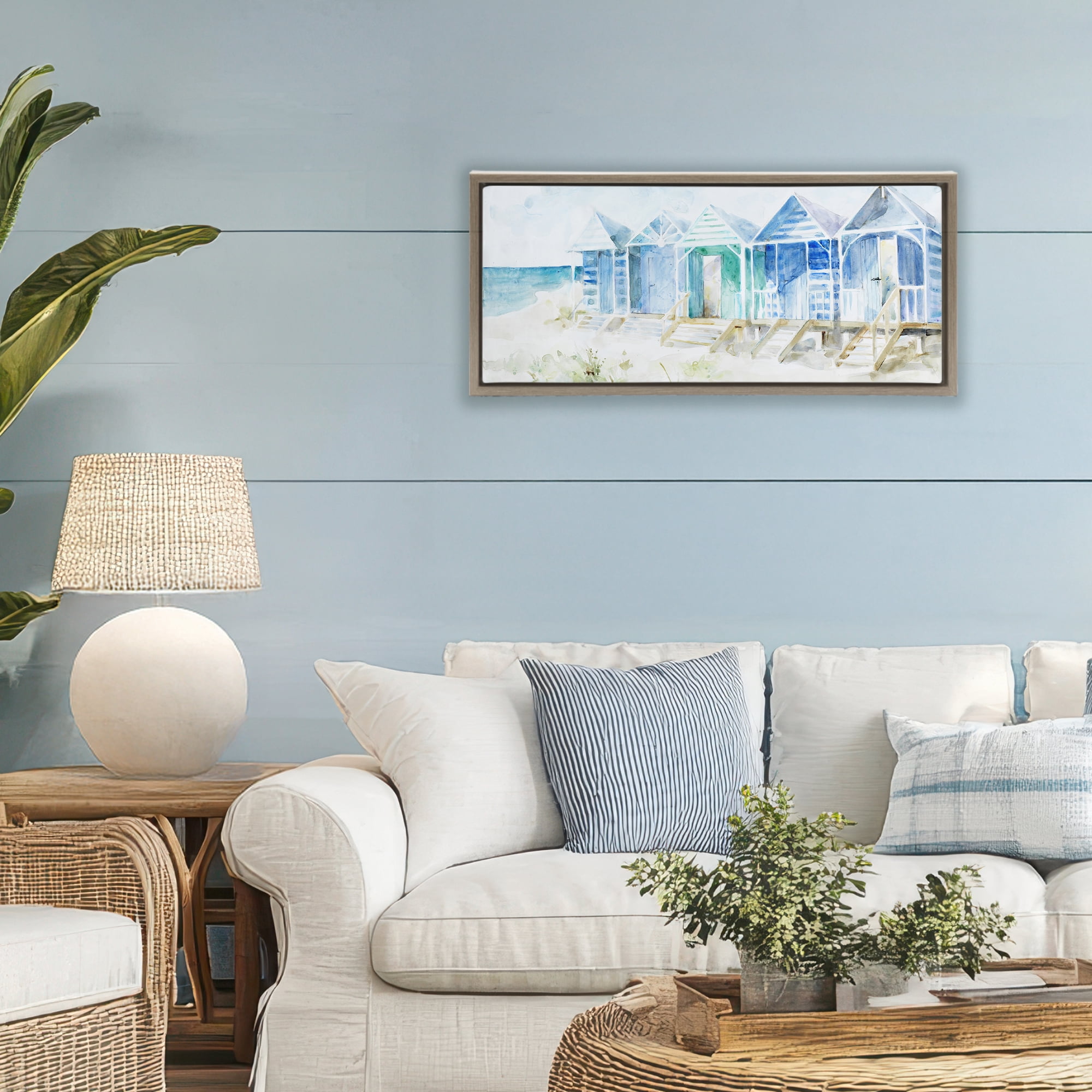Stupell Industries Beach Cabins in a Row Brown Framed Floater Canvas Wall Art, design by Lorenzo Collective