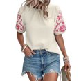 thumbnail image 2 of Women Floral Embroidered Textured Tops Crewneck Puff Short Sleeve Casual Loose Solid Embroidery Blouses Shirts L, 2 of 9