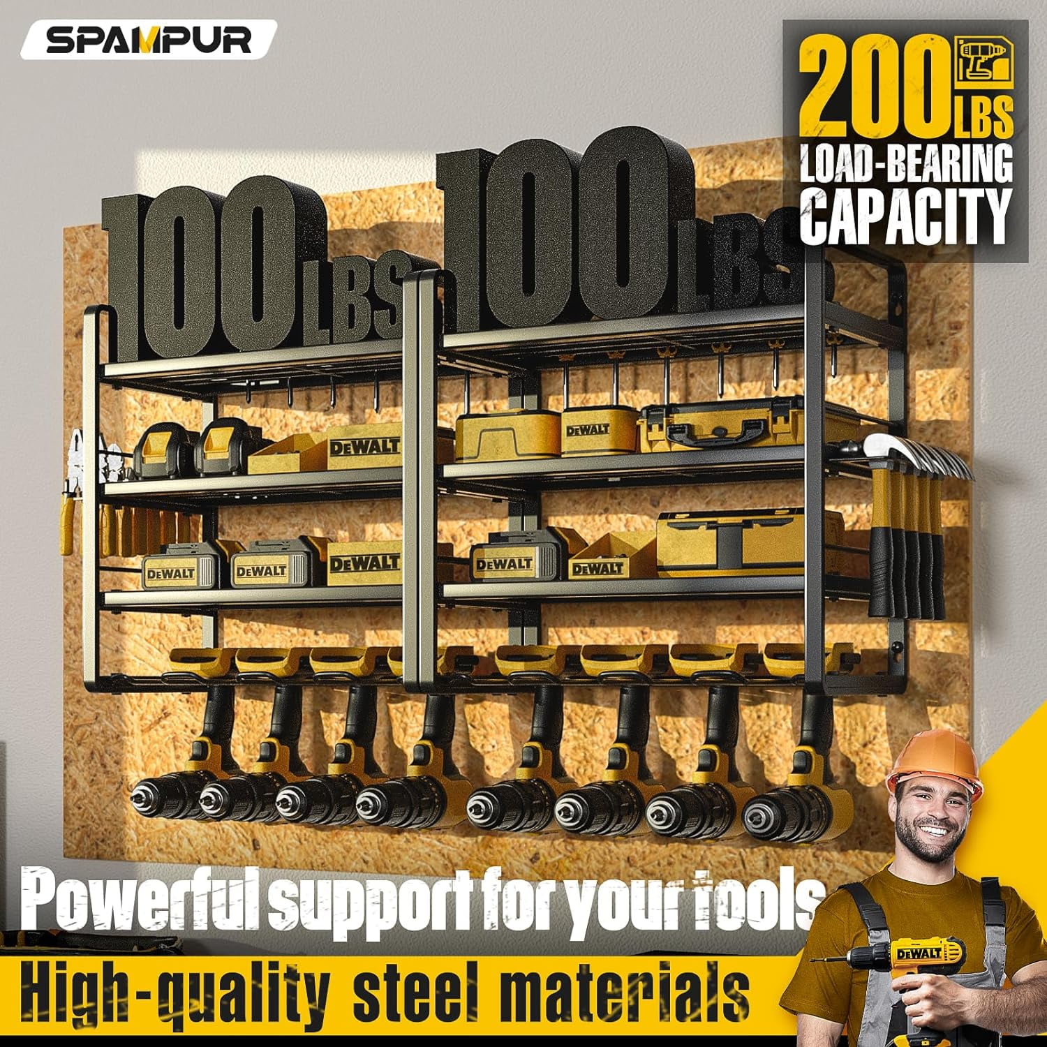 Power Tool Organizer, 8 Drill Holder Wall Mount, Storage Rack for Garage Organization, Heavy Duty Tool Racks and Battery Shelf, Tools Shelves with Charging Station - Metal - Large - 2 pack
