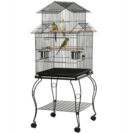 SMILE MART Metal Rolling Bird Cage with Triple Roof Detachable Stand for Birds Finches Lovebirds Canaries Cockatiels Conures Parakeets, Black