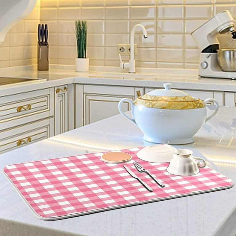 SKYSONIC Microfiber Dish Drying Mat Buffalo Check Plaid Absorbent Dish Drying Rack Pads Kitchen Counter Mat 16 X 18 Pink White Tartan Pattern Checkered Heat Resistant Sink Mat Dish Draining Mat Walmar...