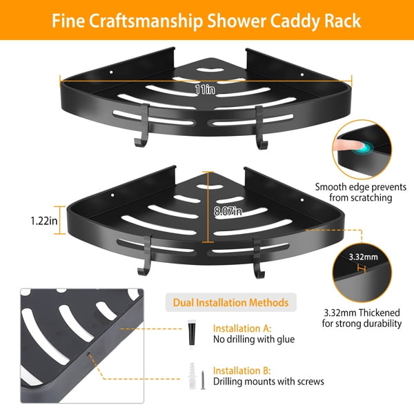 Bath Corner Shower Shelves Adhesive Caddy, Wall Mounted, No Drilling Racks Shower Organizer Basket, Aluminum Storage for Bathroom Kitchen