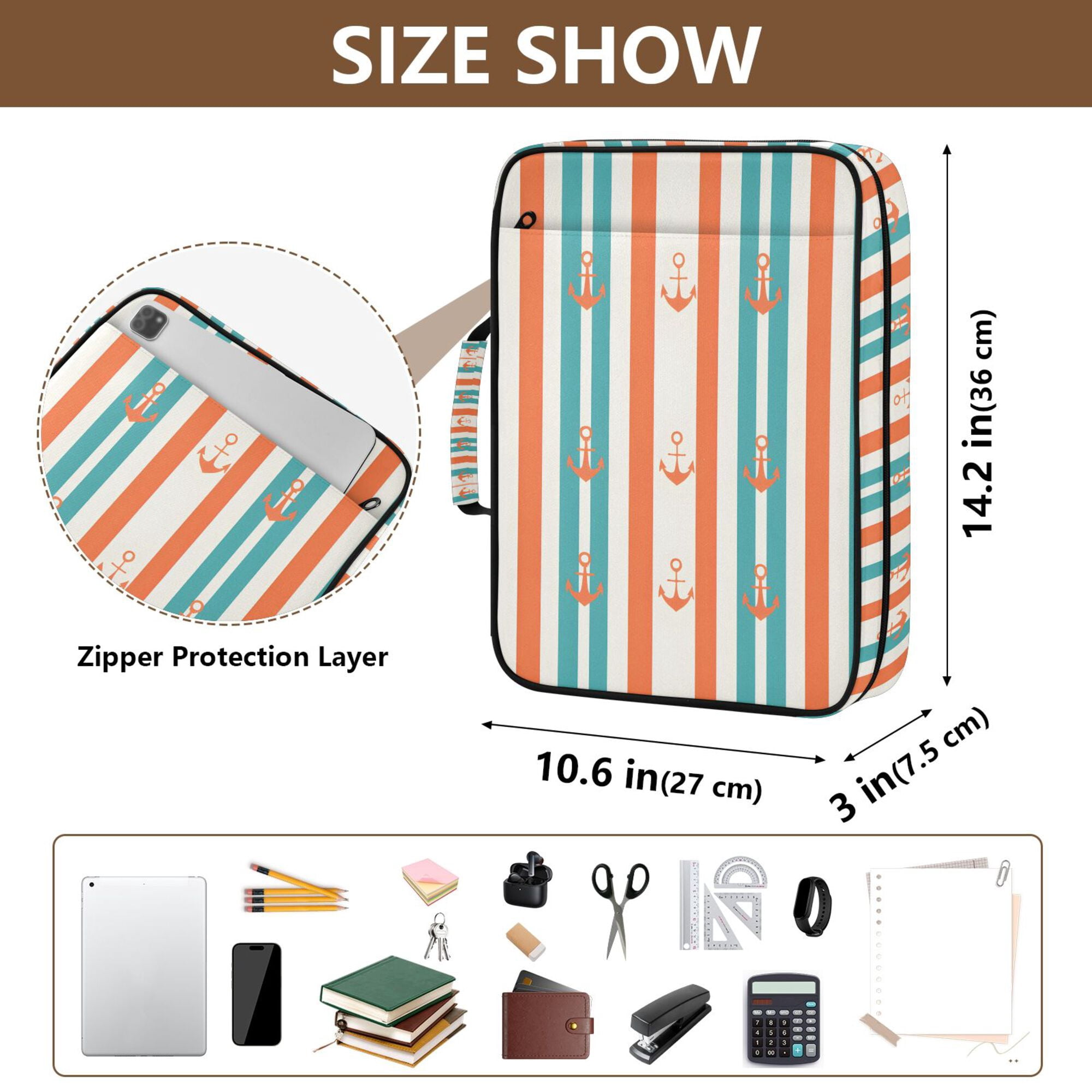 FORMRS Accordion File Folder A4 Size 7-Pocket Expanding Document Organizer Bag with 3 Ring Binder, Simple Nautical Pattern
