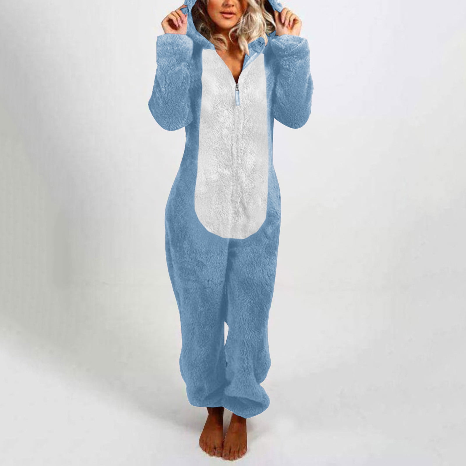 Lovskoo Womens Fluffy Hooded Jumpsuit Fuzzy Pajamas Long Sleeve Cute Ear One Piece Onesie Winter Warm Rompers Sleepwear Sky Blue