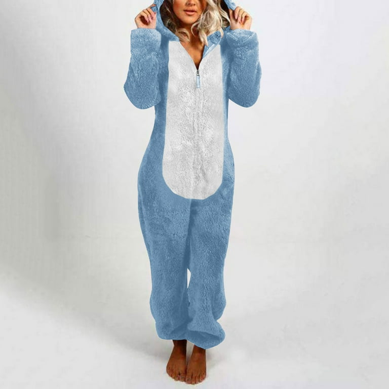 Adult Onesie Pajamas for Women Cat Ears Cute Teddy Fleece Fuzzy Homewear Teens Plus Size Zip Hooded PJs Sleepwear X Large Sky Blue Walmart