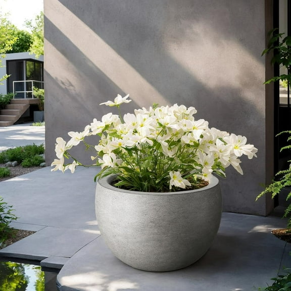 19 in. Large Light Gray Concrete Round Planter / Pot with Drainage Holes