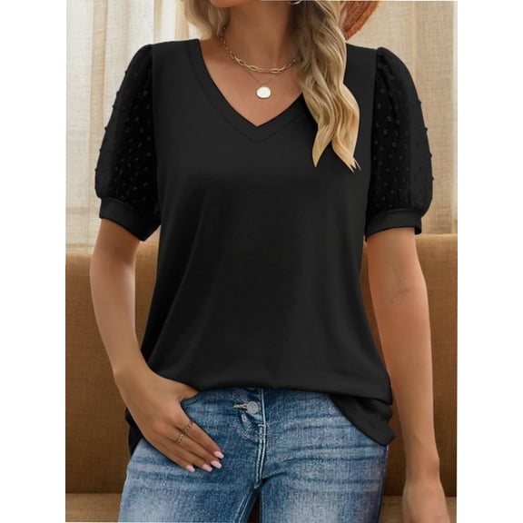 Womens Summer Tops Short Sleeve V Neck T Shirts Swiss Dot Puff Sleeve Tops Loose Casual Tshirts