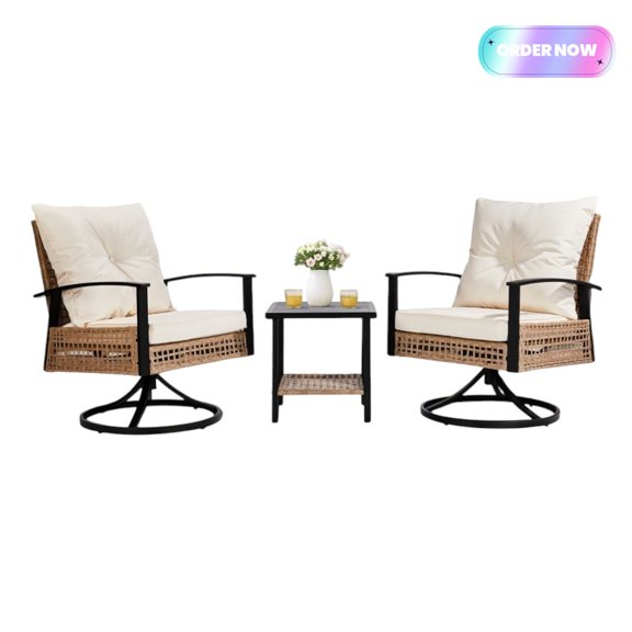 Tcbosik Outdoor Swivel Rocker Chairs, 3 Piece Wicker Patio Set with Cushions, 2-Tier Small Side Table & 2 Rocking Chairs, Bistro Conversation Furniture Set for Porch, Patio, Backyard, Yellow
