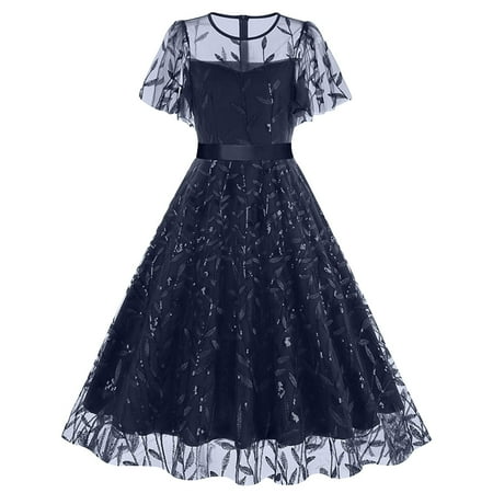 eileial Women Floral Dress Summer Boho Corset Square Neck Strapped Swing A Line Beach Wedding Party Vintage Ball Gown Navy L