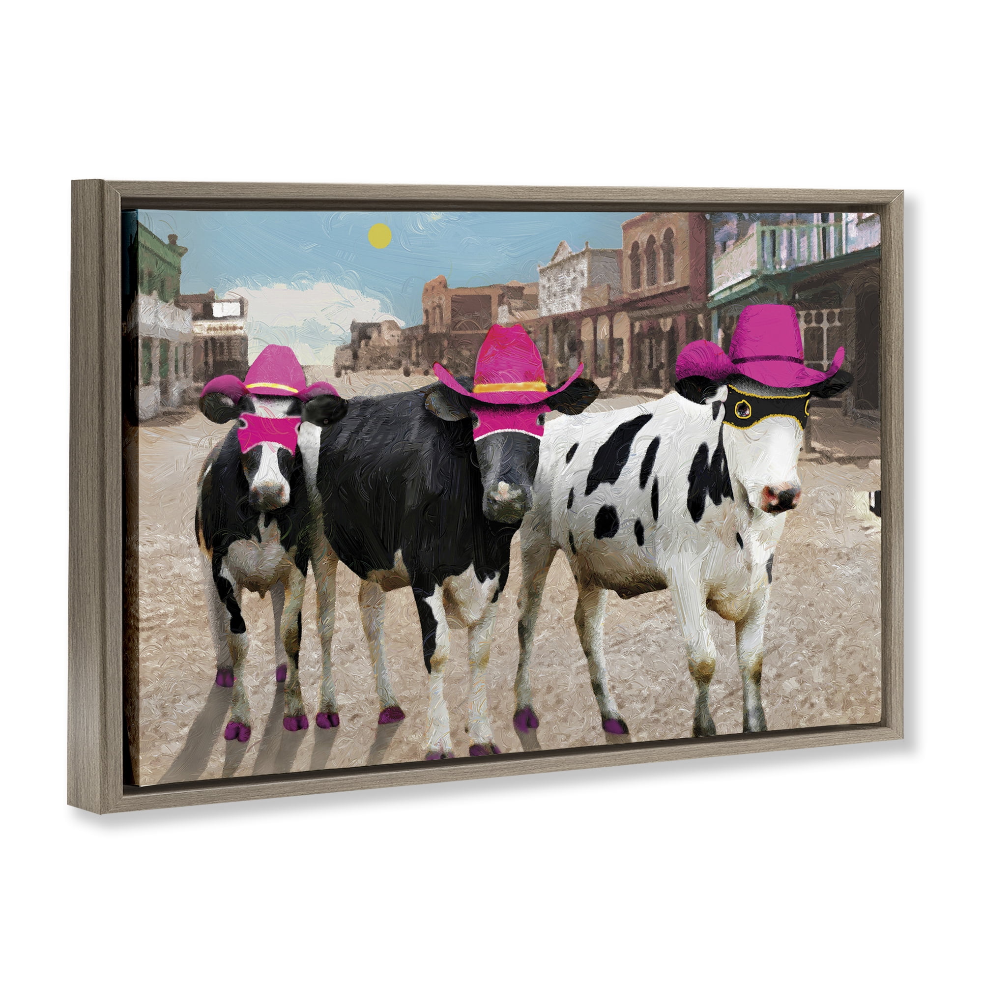 Stupell Industries Superhero Cows in Town Scenery Painting Brown Floater Framed Canvas Art Print Wall Art, 25 x 17